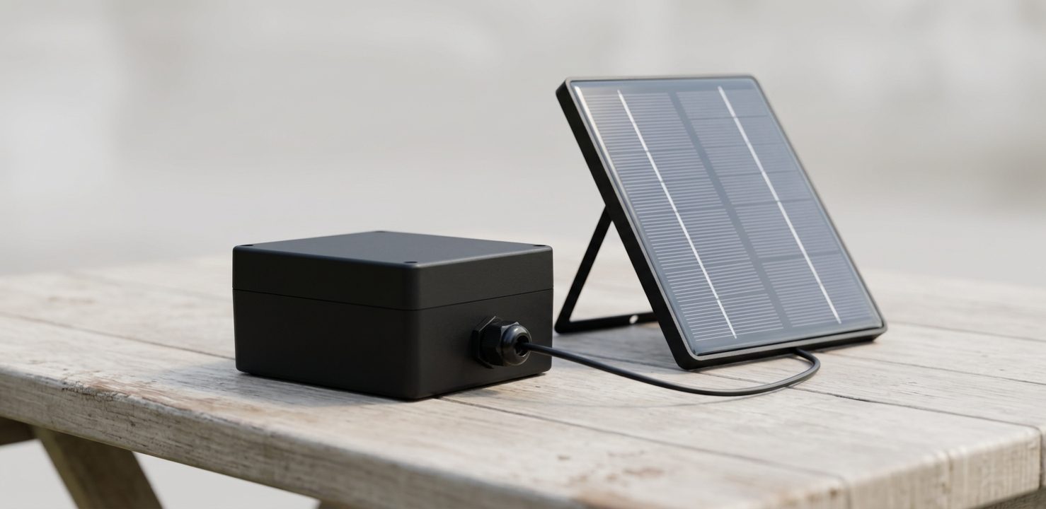Schwarze PlantKeeper-Box mit Kabel zu einem aufgestellten Solarpanel auf einem Holztisch