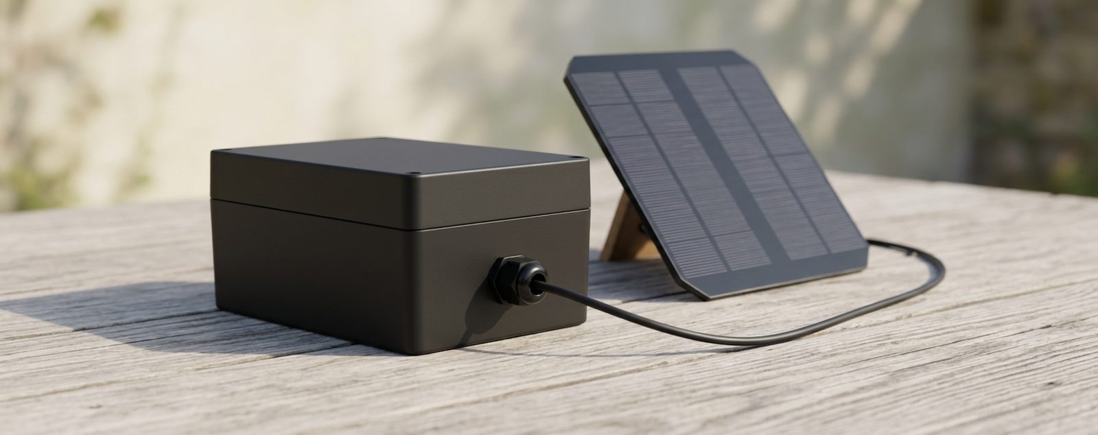 PlantKeeper-Box und Solarpanel im Sonnenlicht auf einer Holzfläche