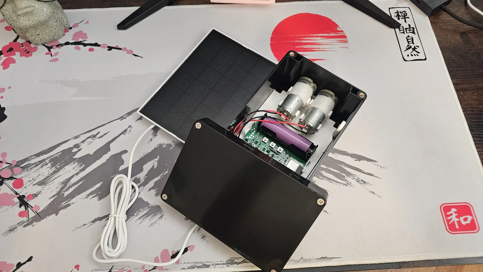 Geöffnete PlantKeeper-Box: eigene Platine, zwei Pumpen und Akku